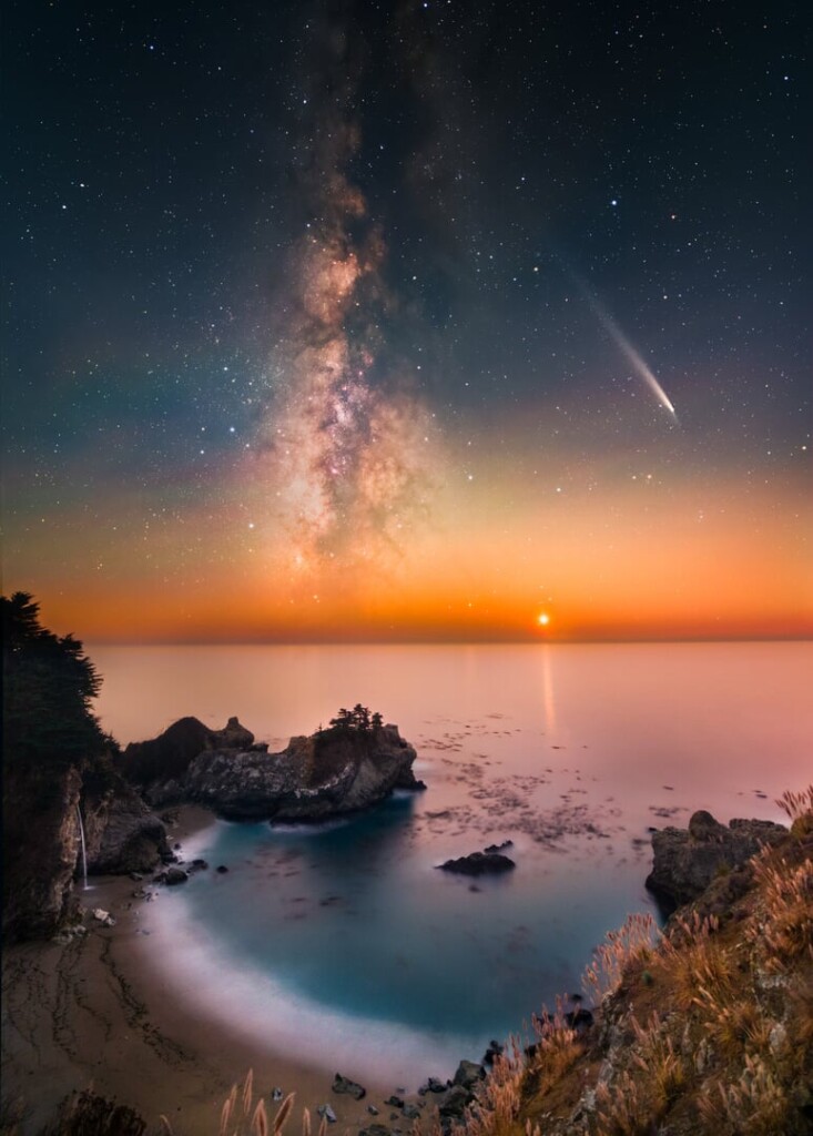 "Starlit Ocean: A Comet, the setting Venus, the Milky Way, and McWay Falls" 