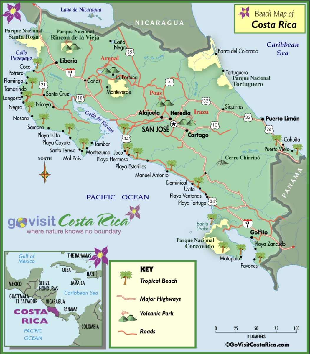 Mapa de las playas más bonitas de Costa Rica