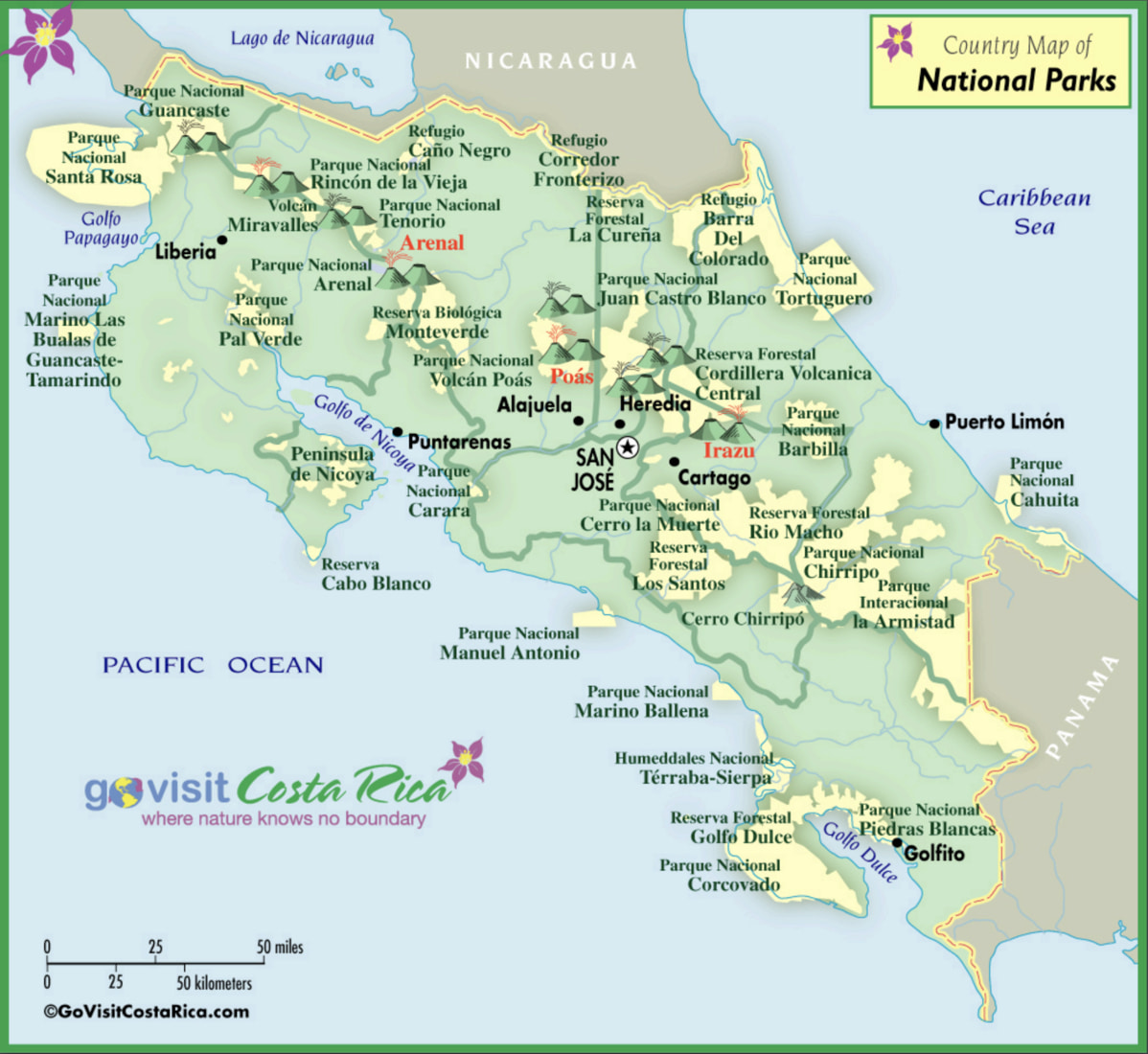Map of national parks in Costa Rica